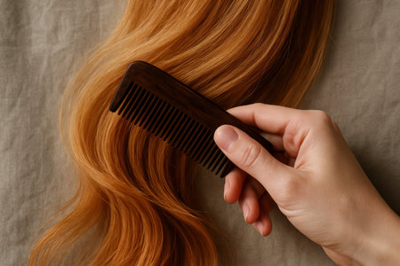 Hand holding a dark wooden comb gently brushing long wavy ginger hair on a neutral fabric background.の素材