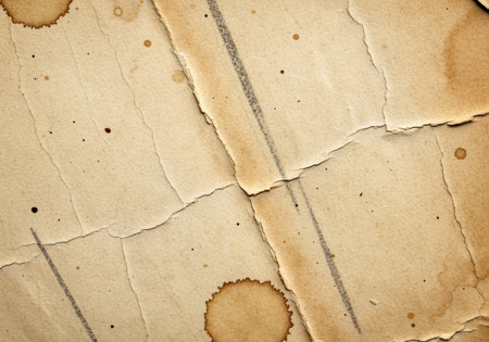 Old torn paper texture with coffee stains and wrinkles creating a vintage grunge background for design.の素材