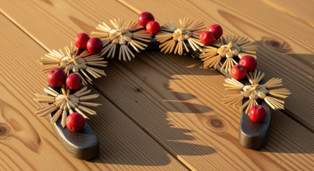 Handcrafted wooden horseshoe decorated with straw flowers and red berries on wooden surface in warm sunlight.の素材