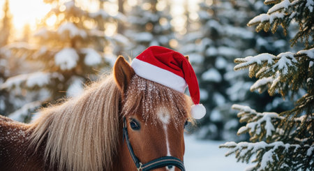 Adorable brown pony with festive santa hat standing in snowy forest surrounded by sunlit evergreen trees covered in fresh snow.の素材