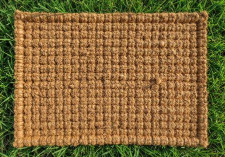 Natural coir doormat placed on green grass outdoor entrance, rustic textured rectangle welcome mat for home.の素材