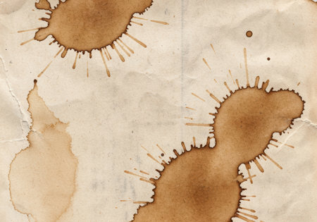 Aged stained paper with splattered brown ink blots, textured background featuring weathered creases and vintage distressed marks.の素材
