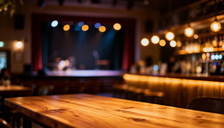 Empty wooden table in cozy bar interior with blurred stage lights in background, warm lighting and inviting atmosphere.の素材