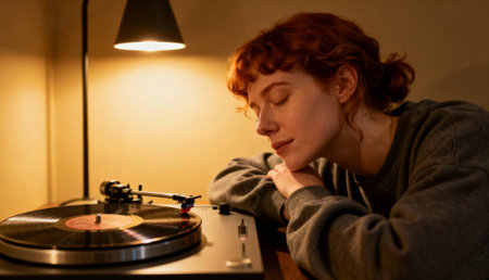 Red haired woman relaxing and listening to vinyl record music on turntable under warm indoor lighting, eyes closed in enjoyment.の素材
