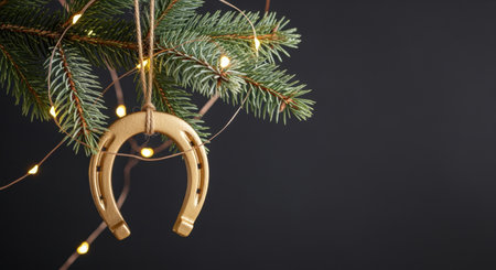 Golden horseshoe ornament hanging on spruce branch with glowing fairy lights, symbolizing holiday fortune and festive winter decor.の素材
