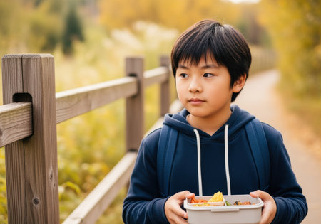 Young asian boy enjoying a healthy lunch outdoors in autumn, standing by a wooden fence surrounded by vibrant fall foliage.の素材