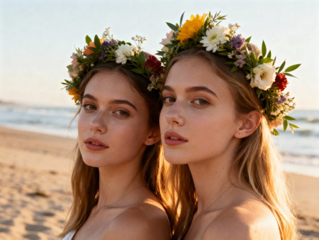 Two young women with floral crowns standing close on a sandy beach at sunset, natural light and serene expressions.の素材