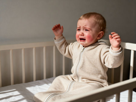 Upset baby crying alone in crib during daytime, expressing distress and discomfort in a bright, minimal nursery environment.の素材