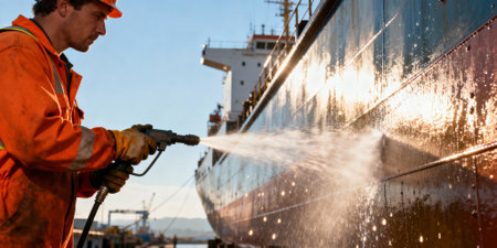 Maritime worker power washing large commercial vessel hull at shipyard under bright sunlight for maintenance and cleaning.の素材