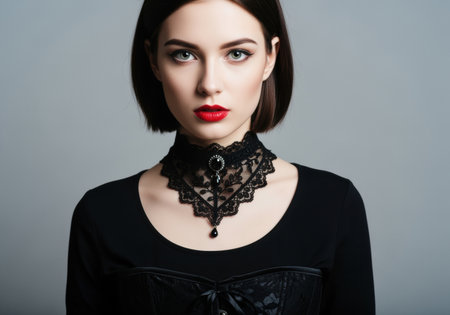 Elegant gothic woman wearing black lace choker and dress, bold red lipstick, and straight dark hair against minimalist background.の素材