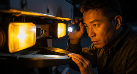 Focused man inspecting vehicle headlights with flashlight during nighttime repair, highlighting careful automotive maintenance process.の素材