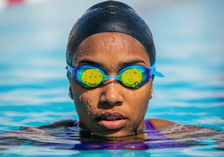 Confident female swimmer wearing goggles and swim cap emerging from blue water, droplets on face reflecting intense athletic focus.の素材