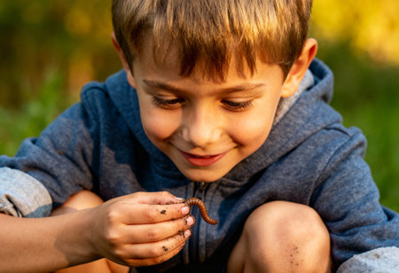 Curious young boy exploring nature while holding an earthworm in his hand outdoors during a sunny afternoon adventure.の素材