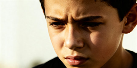 Serious young boy with furrowed brow gazing downward in natural sunlight, expressing concern and emotion in close up portrait.の素材