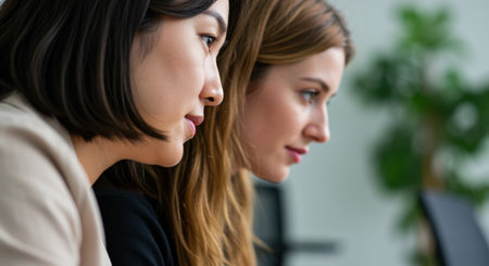 Two focused young women collaborating at work in a modern office environment with natural green plant decor.の素材