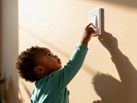 Curious toddler reaching up to turn on a light switch in a sunlit room, demonstrating learning and early childhood independence.の素材