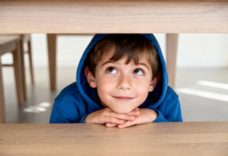 Curious young boy in blue hoodie hiding under wooden table, looking up with a playful, thoughtful expression indoors.の素材