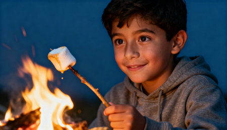 Smiling boy roasting marshmallows over a campfire in the evening wearing a hoodie, enjoying outdoor camping activities.の素材