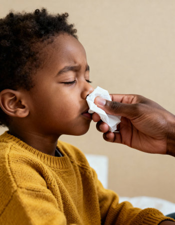 Parent caring for young boy with runny nose by gently wiping his face with tissue during a common cold in cozy indoor setting.の素材
