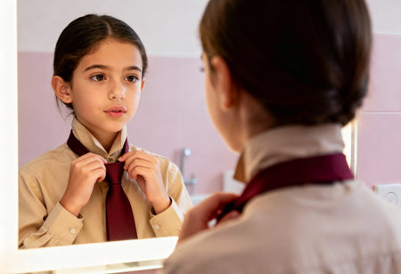 Young girl practicing tying a maroon necktie in front of a mirror while wearing a beige shirt and looking focused.の素材