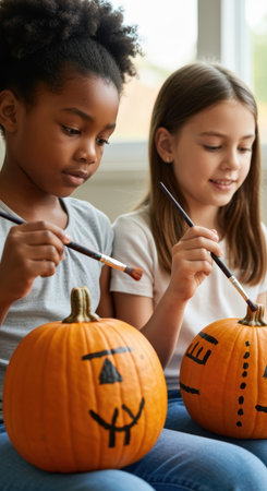 Two young girls decorating pumpkins indoors with black paint brushes during autumn arts and crafts activity for halloween celebration.の素材