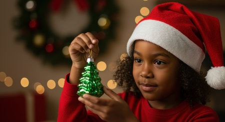 Young girl in santa hat decorating a sparkling green christmas tree ornament with festive holiday lights and wreath in the background.の素材