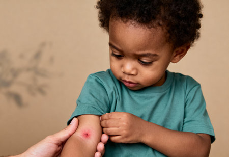 Curious young child examining red irritated bump on arm, showing concern for skin rash or allergic reaction after insect bite.の素材