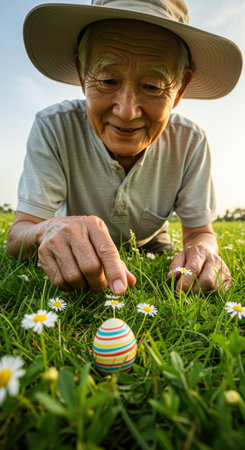 Smiling elderly man in sun hat discovering colorful easter egg among white daisies on green grass during sunny spring afternoon.の素材
