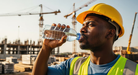construction worker in safety vest and helmet drinking water at building site under sunny weather, cranes and steel structures in background.の素材