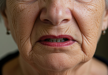 Closeup of elderly woman's wrinkled face and lips showing natural aging, textured skin, and subtle emotion in mature adulthood.の素材