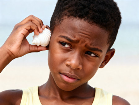 Curious young boy listening to a seashell on a sandy beach, exploring nature and enjoying a peaceful summer day by the ocean.の素材