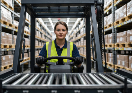 Confident warehouse worker operating forklift in distribution center aisle surrounded by organized shelves filled with packed boxes.の素材