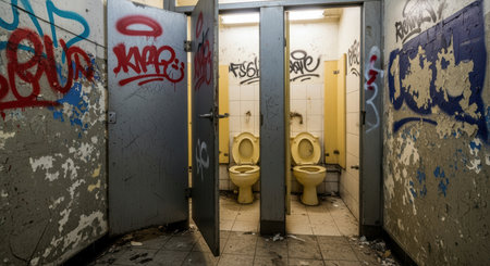 Abandoned public restroom with graffiti covered walls, broken doors, dirty floors, and neglected toilets in urban decay setting.の素材