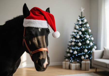 Black horse wearing santa hat standing indoors near decorated christmas tree with wrapped gifts and festive lights.の素材
