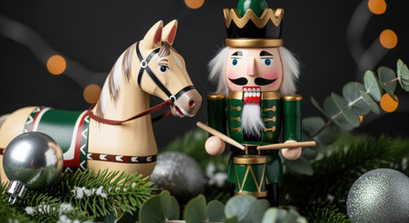 Traditional wooden nutcracker and toy horse surrounded by festive greenery and sparkling ornaments celebrating the holiday season.の素材