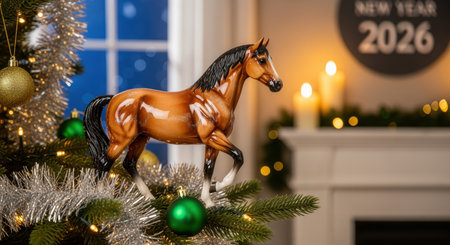 Brown horse figurine perched on Christmas tree branch with green ornaments in cozy living room decorated for new year 2026 celebration.の素材