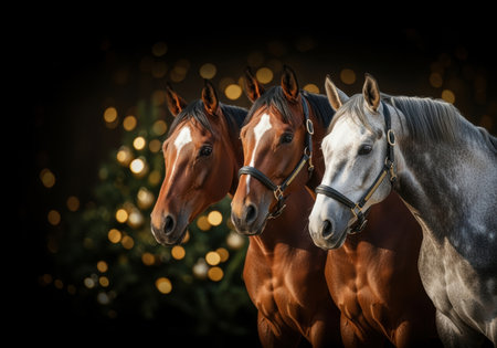 Three beautiful horses standing together in front of glowing bokeh lights, two chestnut and one gray with elegant leather bridles.の素材