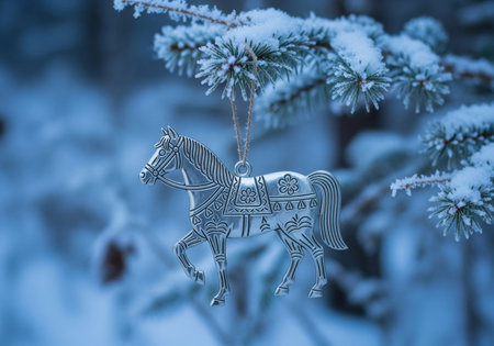 Intricate metallic horse ornament hanging from snowy pine tree branch in tranquil winter forest with soft blue tones.の素材