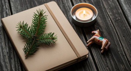 Minimalist holiday composition with a fir branch on a beige notebook, candlelight, and toy horse on rustic wooden background.の素材