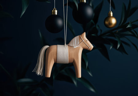 Minimalist wooden horse ornament hanging among festive black and gold baubles with dark green foliage background.の素材