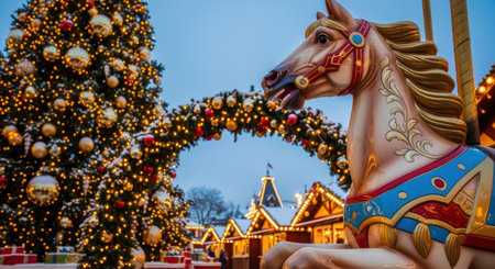 Festive carousel horse in front of illuminated Christmas tree and decorated arches at a winter holiday market in the evening.の素材