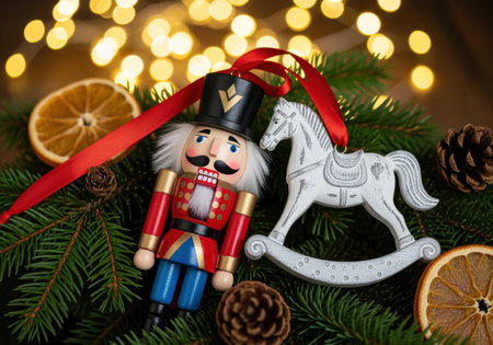 Classic wooden nutcracker and horse ornament with festive decorations and pine branches under warm holiday lights.の素材