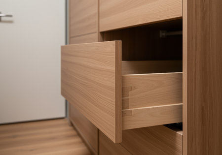 Modern wooden dresser with open drawer in minimalistic, contemporary bedroom interior design, showcasing clean wood grain texture.の素材