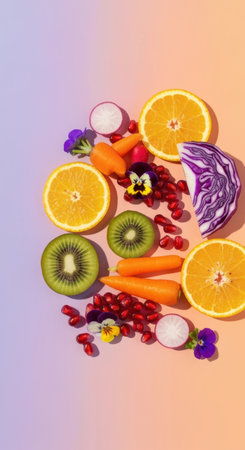 Colorful assortment of fresh sliced fruits and vegetables with edible flowers on a vibrant pastel gradient background.の素材