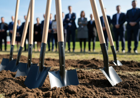 Multiple shovels breaking ground at a ceremonial event with business professionals gathered in the background under clear skies.の素材