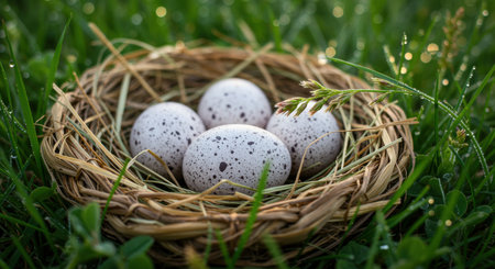 Four speckled bird eggs resting in a natural grass nest surrounded by lush green blades during early spring morning.の素材