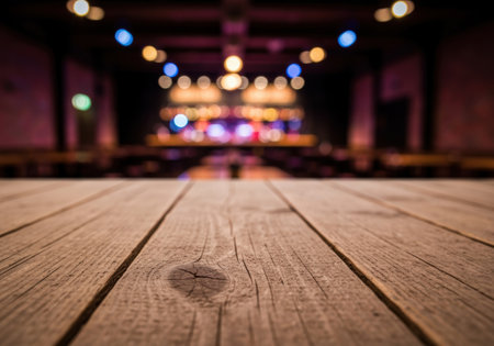 Rustic wooden table with blurred warm lights and cozy atmosphere in a trendy bar or restaurant interior during evening hours.の素材