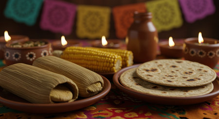 Traditional mexican tamales, corn, and tortillas on rustic pottery with festive candles and papel picado decorations at evening.の素材