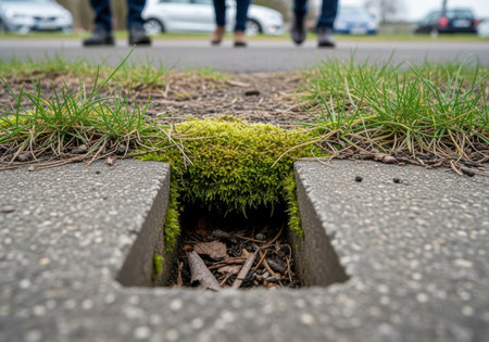 Close up of moss growing in roadside pavement crevice surrounded by green grass, fallen twigs, and blurred pedestrians in background.の素材