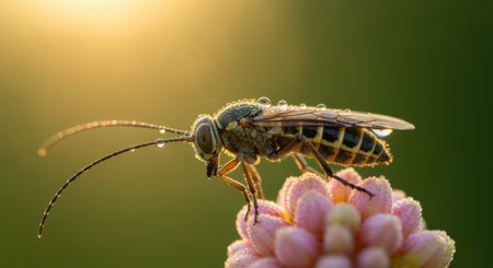 Close up of a wasp perched on a pink flower with morning dew under soft golden sunlight and blurred green background.の素材